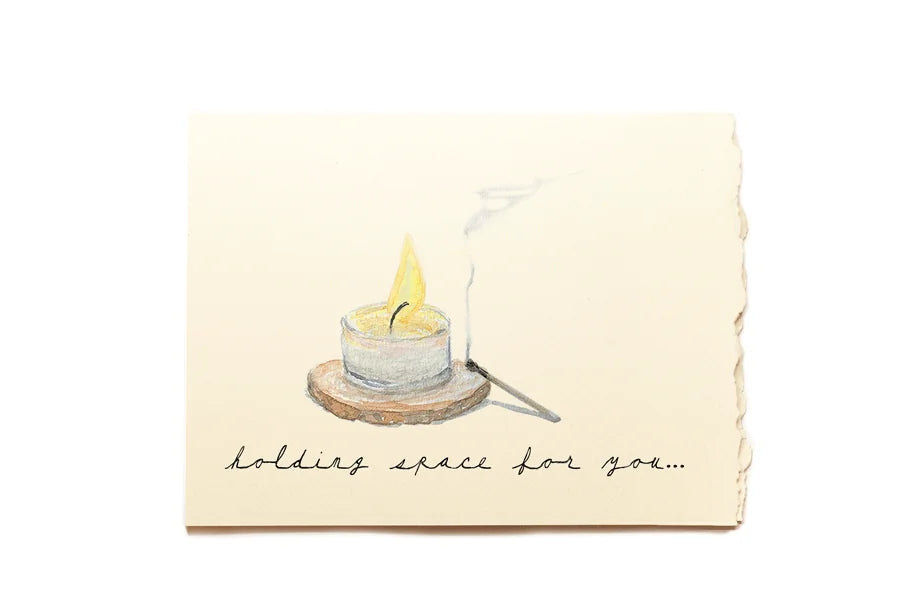 Greeting card with a candle illustration and text 'holding space for you' on a white background