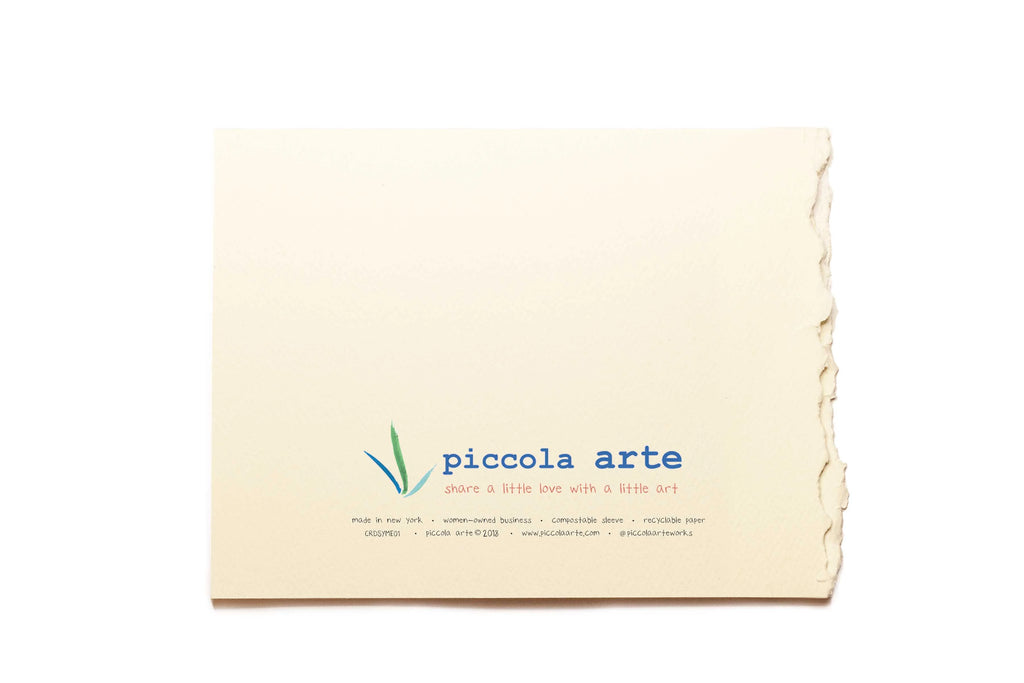 The back of a greeting card from piccola's arte.