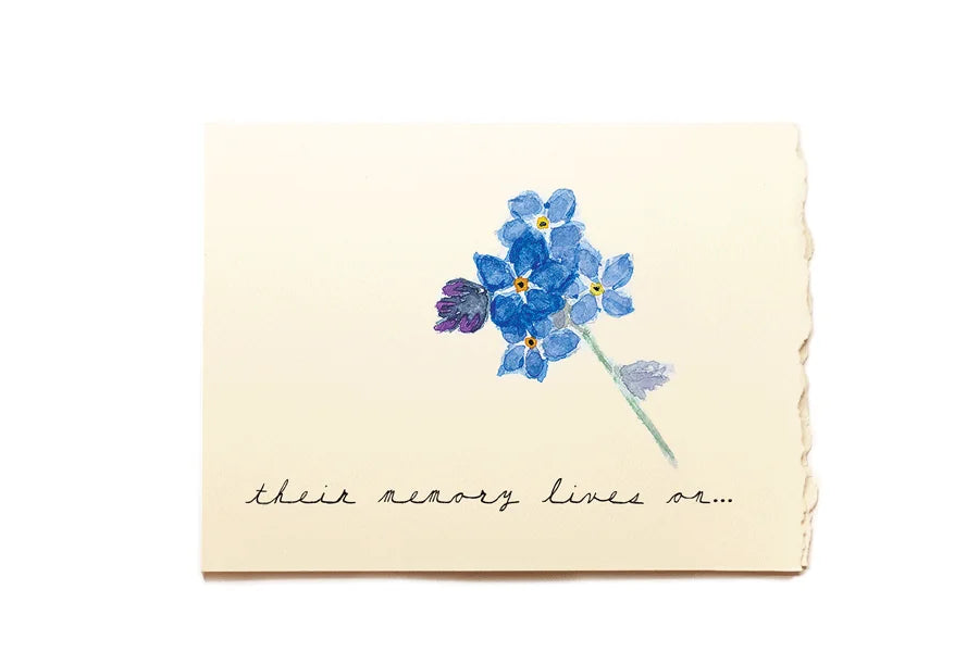 Card with blue flowers and text 'their memory lives on' on a beige background