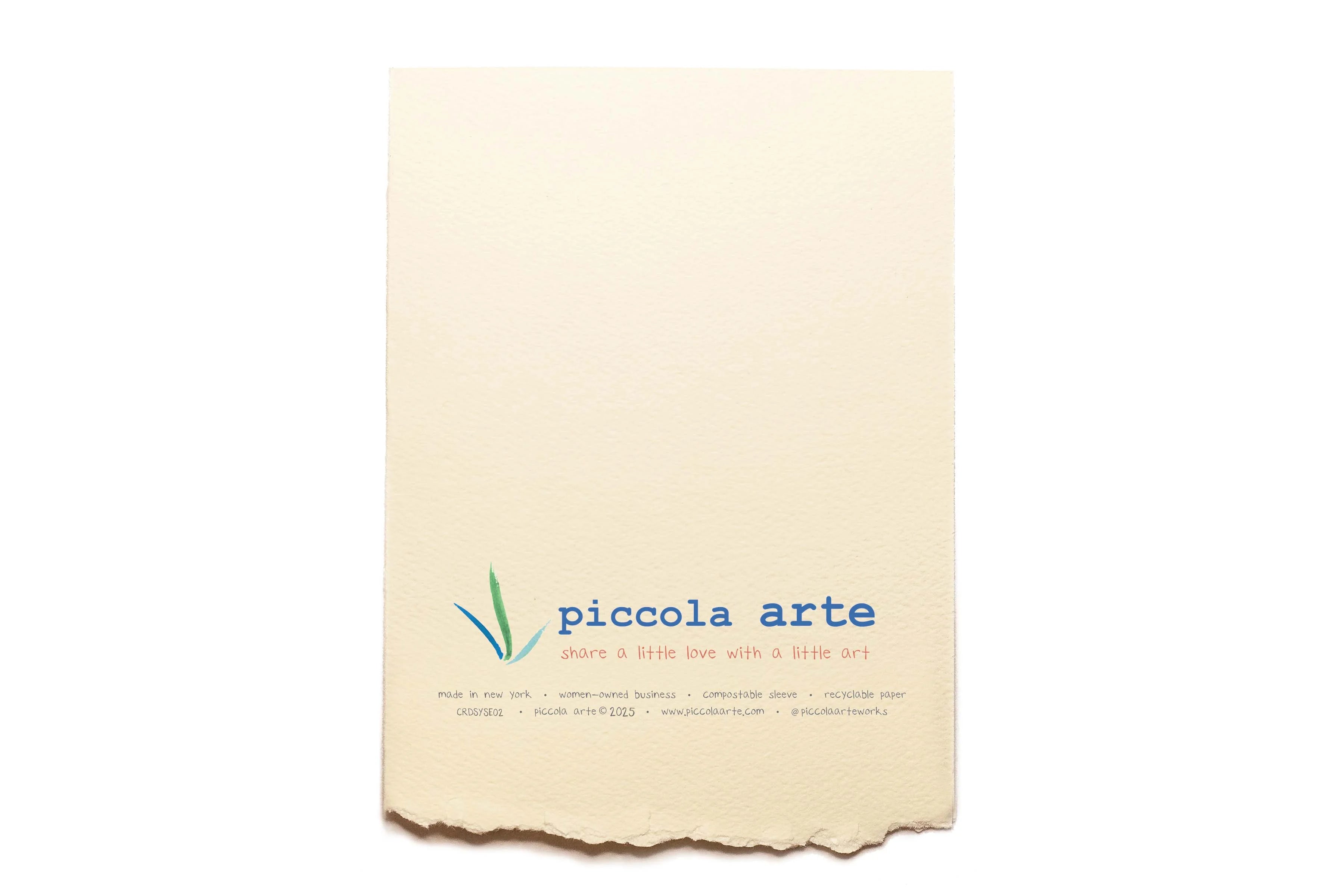 The back of a greeting card from piccola's arte.