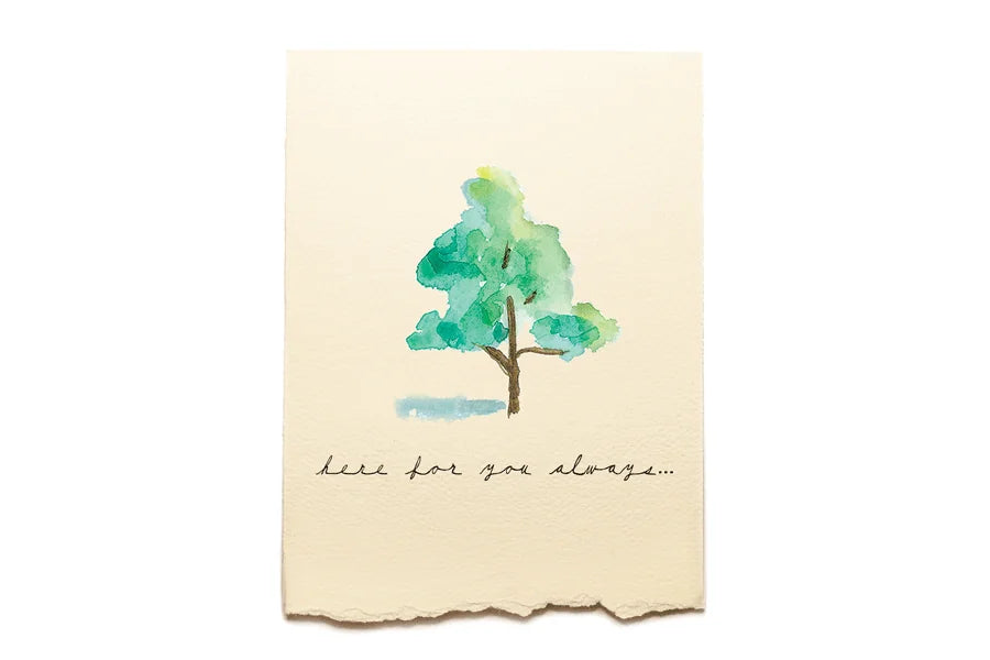 Note with watercolor tree and text on beige background