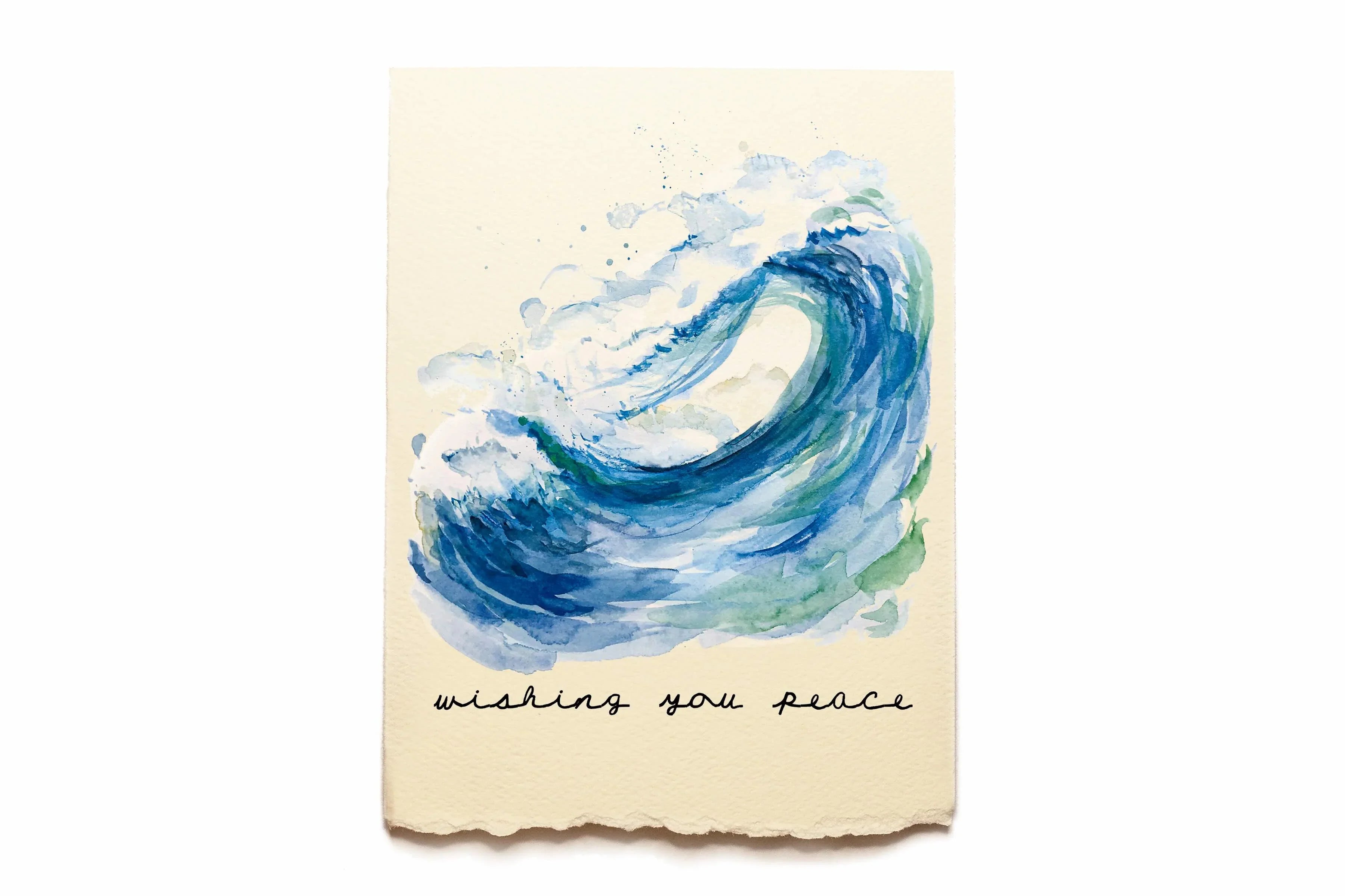 Card with blue wave design and 'wishing you peace' text on a beige background