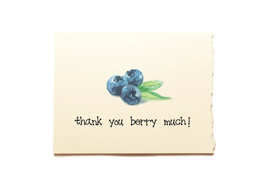 Note card with blueberries and text 'thank you berry much!' on a white background