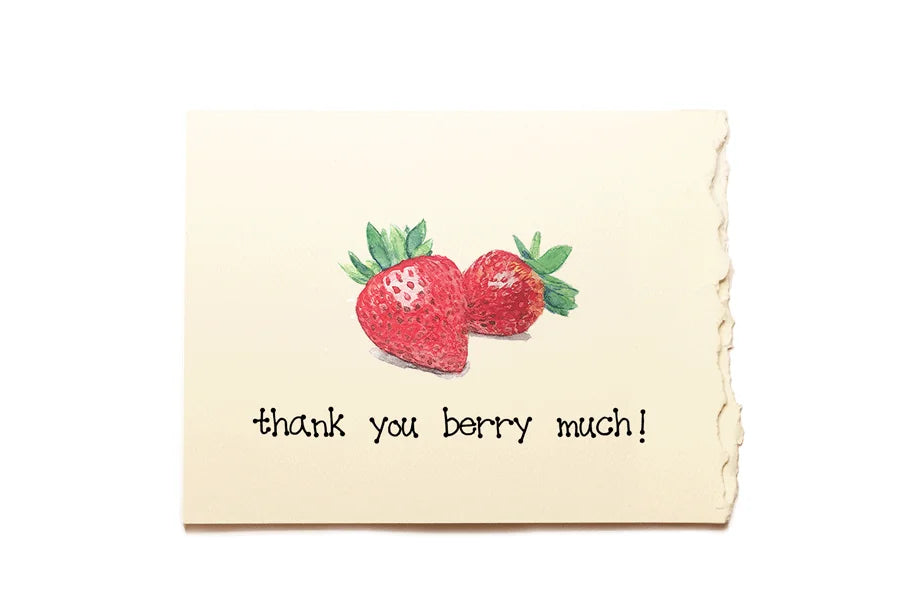 Note card with strawberries and 'thank you berry much!' text on a white background