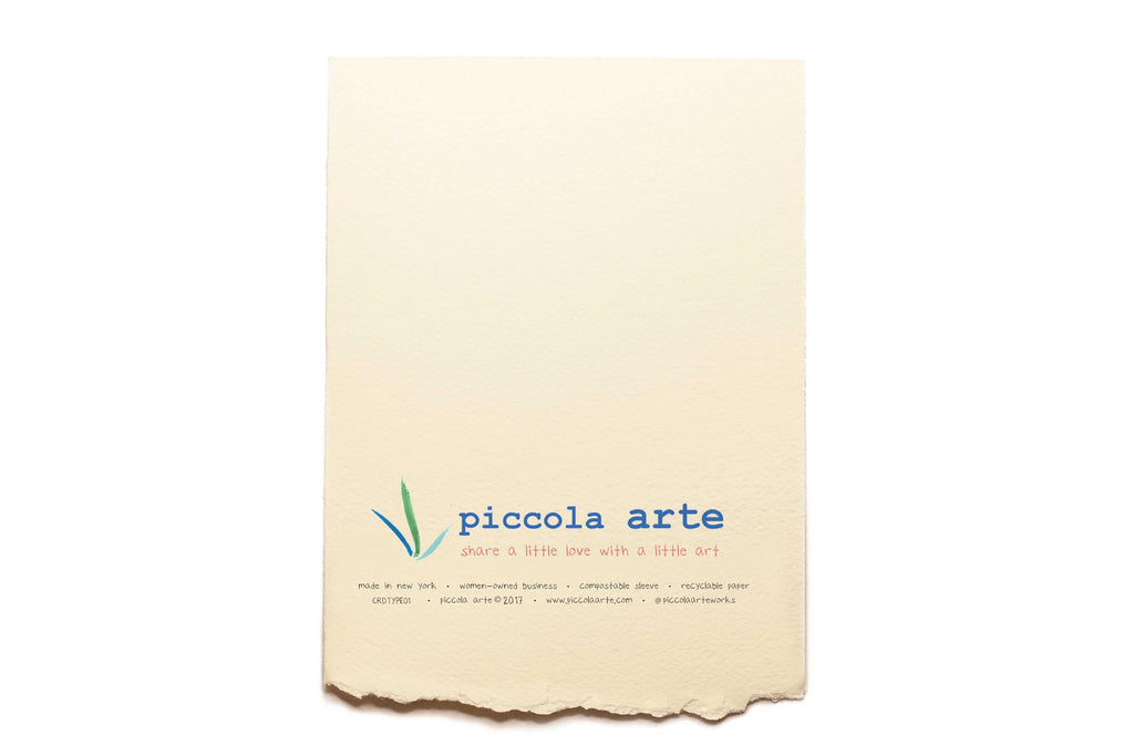The back of a greeting card from piccola's arte.