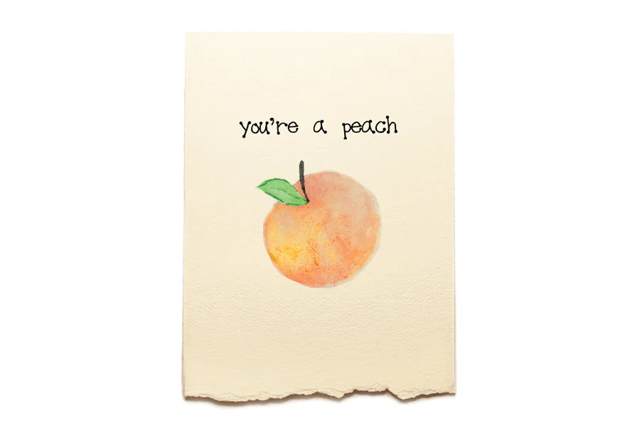 Card with a peach illustration and text 'you're a peach' on a beige background