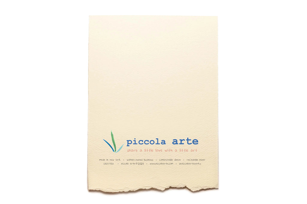 The back of a greeting card from piccola's arte.