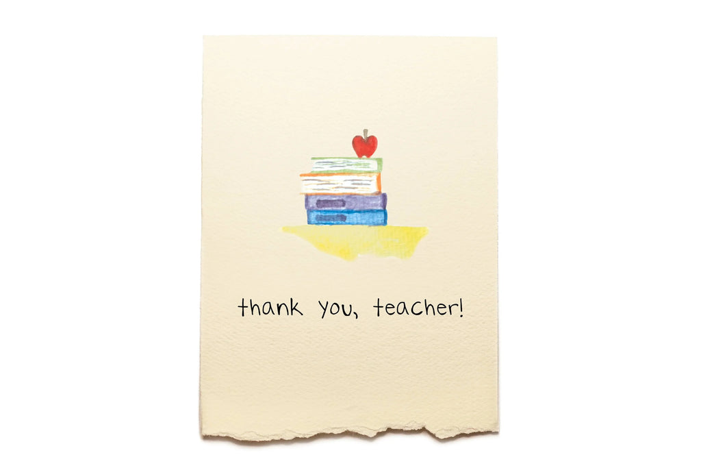 Note with books and an apple illustration on a beige background with 'thank you, teacher!' text.