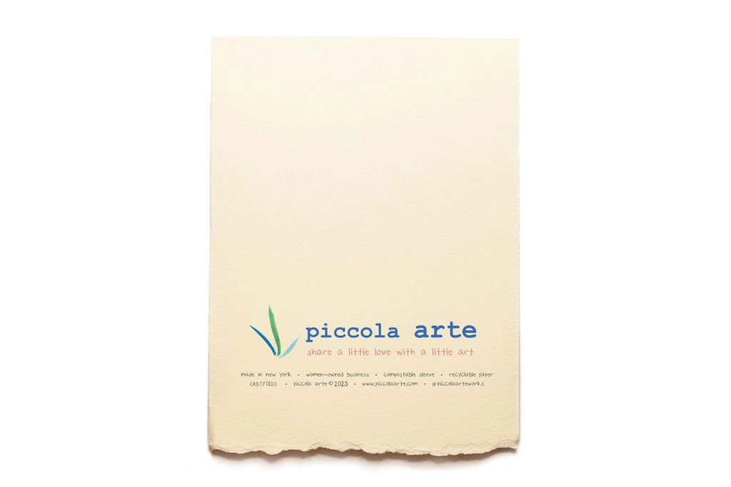 The back of a greeting card from piccola's arte.