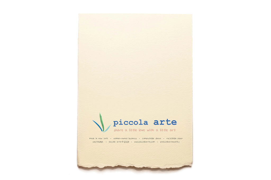 The back of a greeting card from piccola's arte.