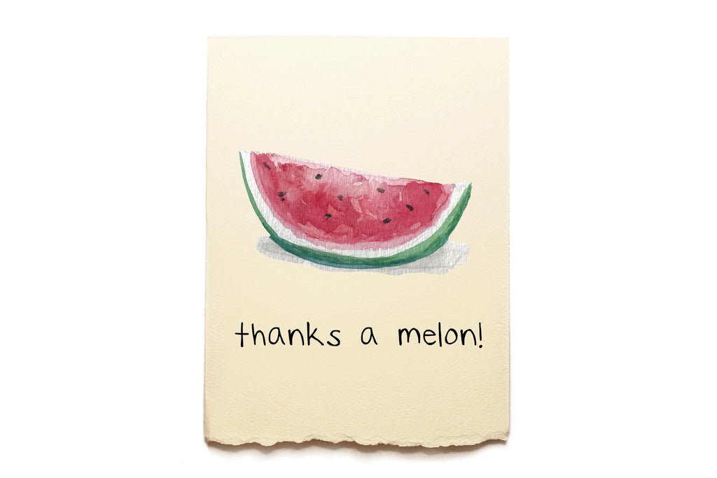 Note with watermelon illustration and 'thanks a melon!' text on a beige background