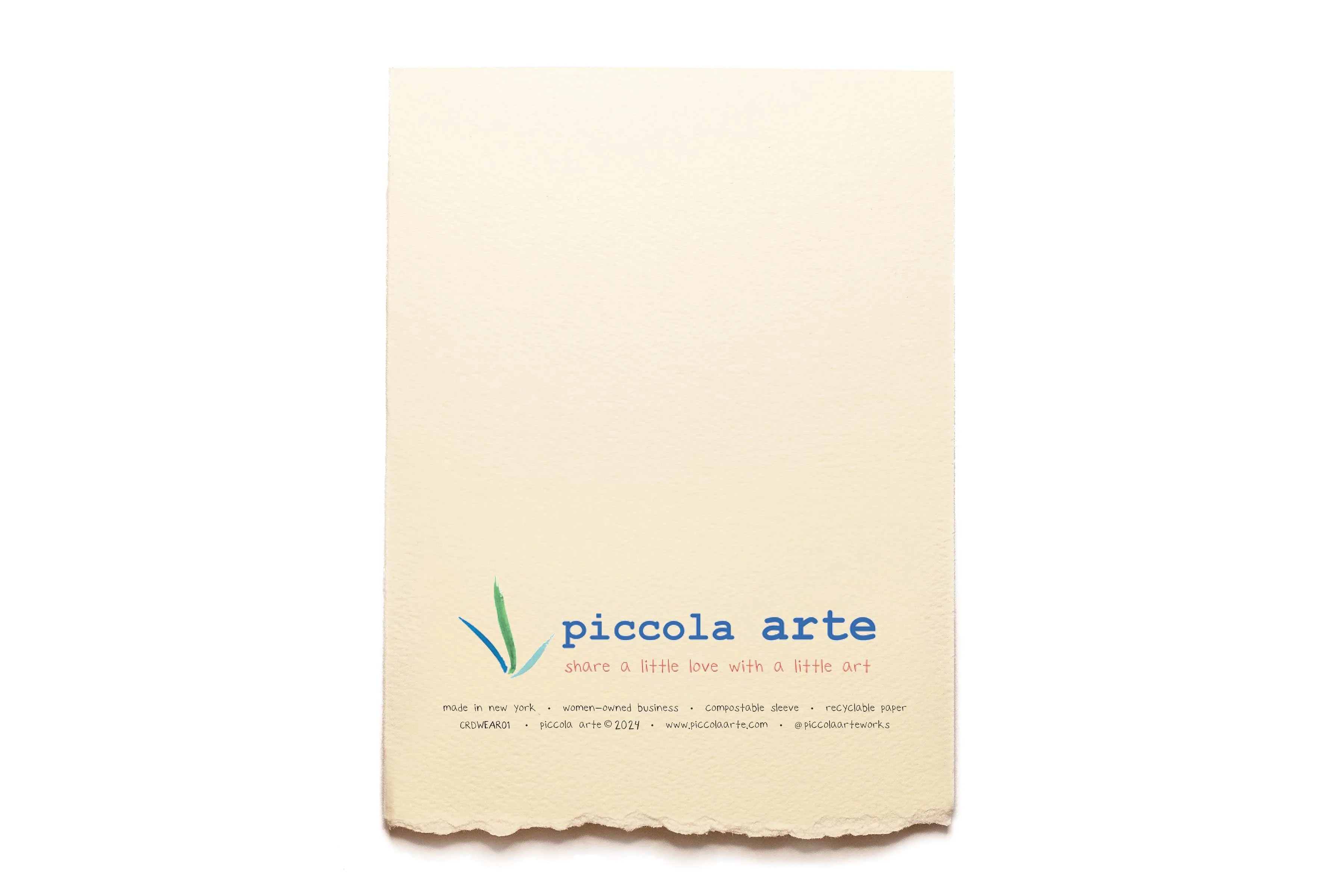 The back of a greeting card from piccola's arte.