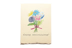 Card with a bouquet of flowers and 'Happy Anniversary!' text on a beige background