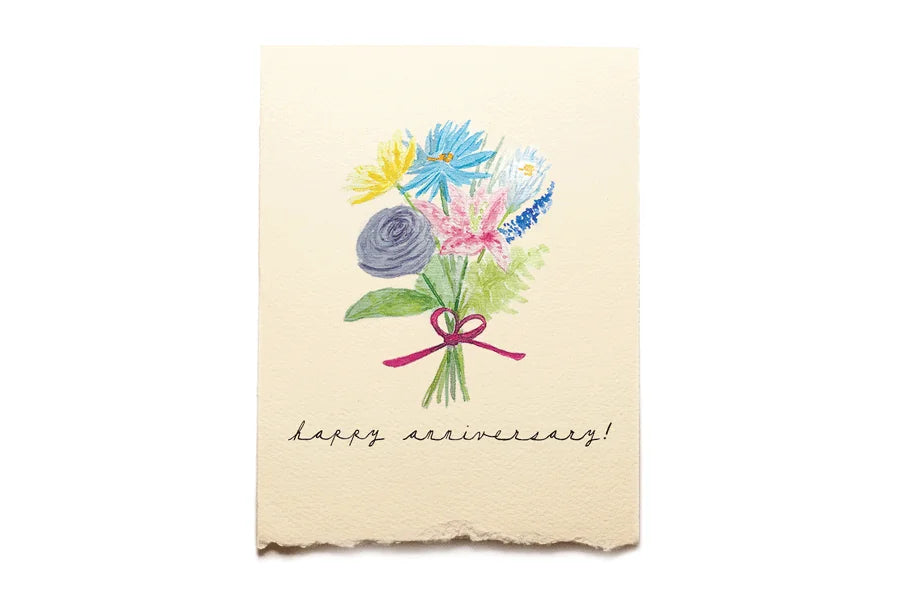 Card with a bouquet of flowers and 'Happy Anniversary!' text on a beige background