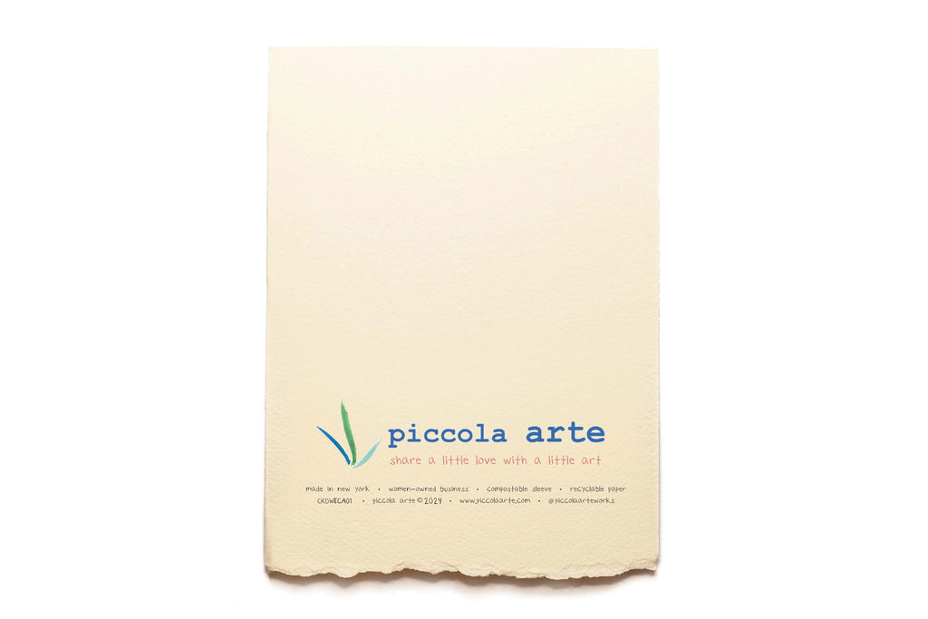 The back of a greeting card from piccola's arte.