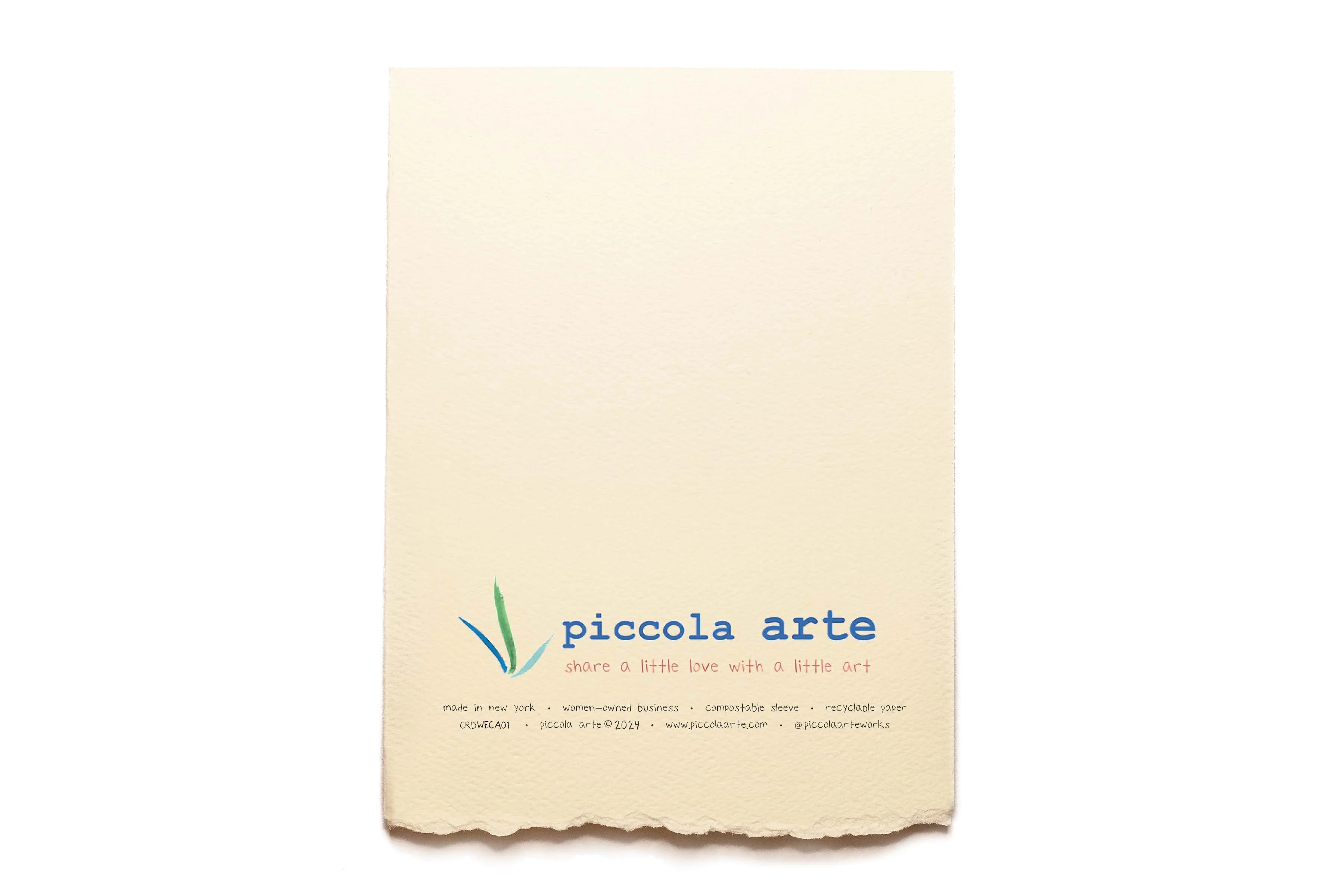 The back of a greeting card from piccola's arte.
