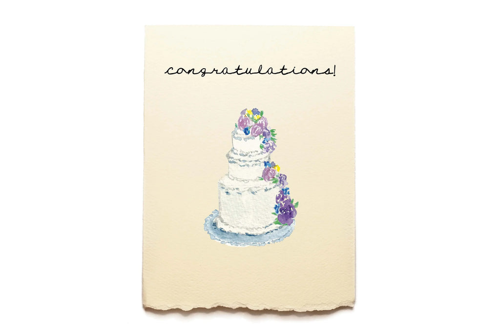 Greeting card with a wedding cake illustration and 'Congratulations!' text on a beige background