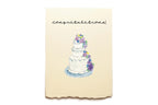 Greeting card with a wedding cake illustration and 'Congratulations!' text on a beige background