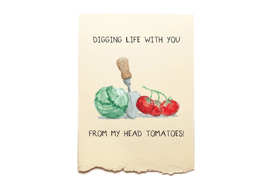 Card with gardening tools, vegetables, and humorous text on a beige background