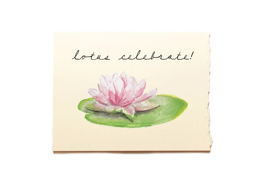 Note card with pink waterlily and 'lotus celebrate!' text on a beige background