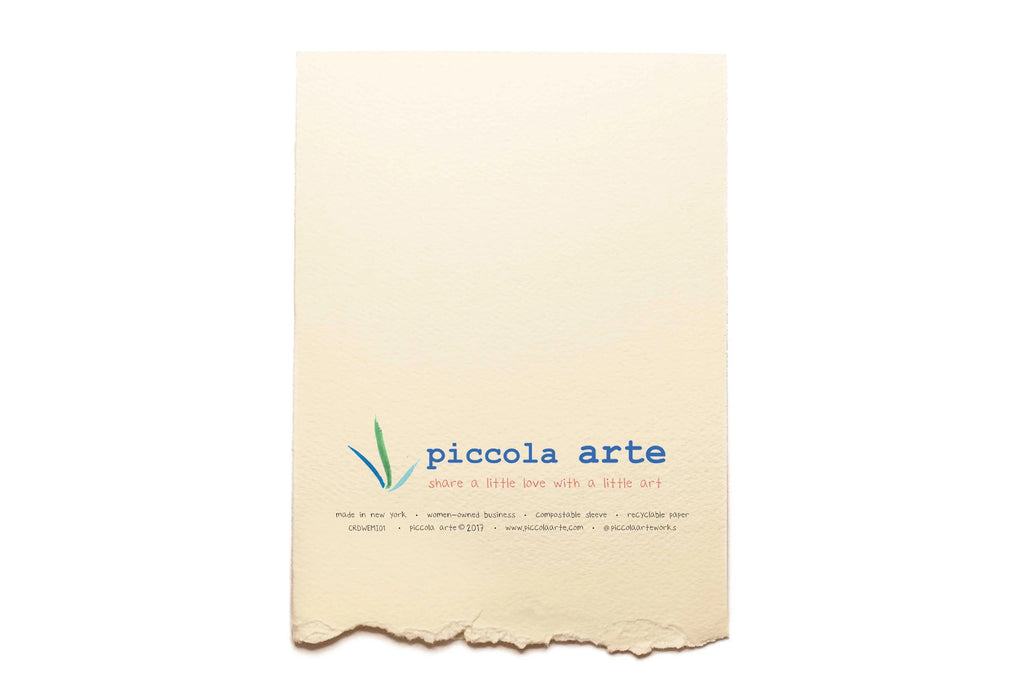 The back of a greeting card from piccola's arte.