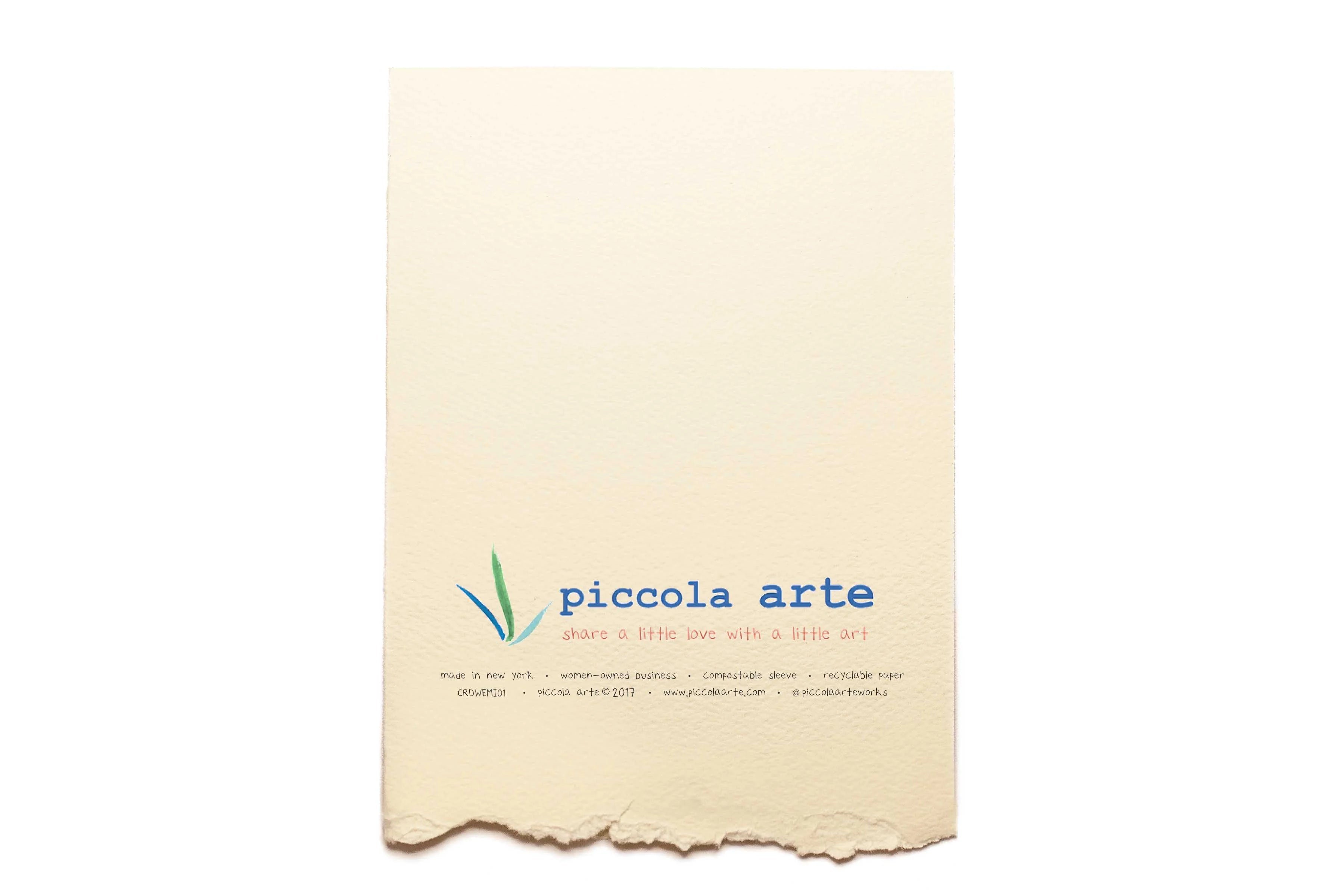 The back of a greeting card from piccola's arte.