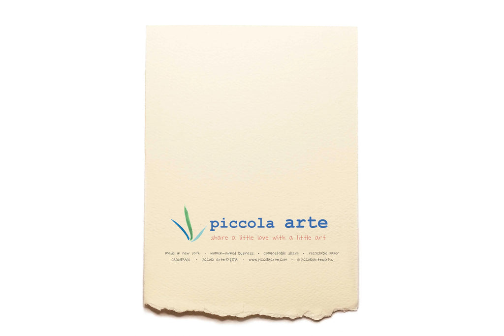 The back of a greeting card from piccola's arte.