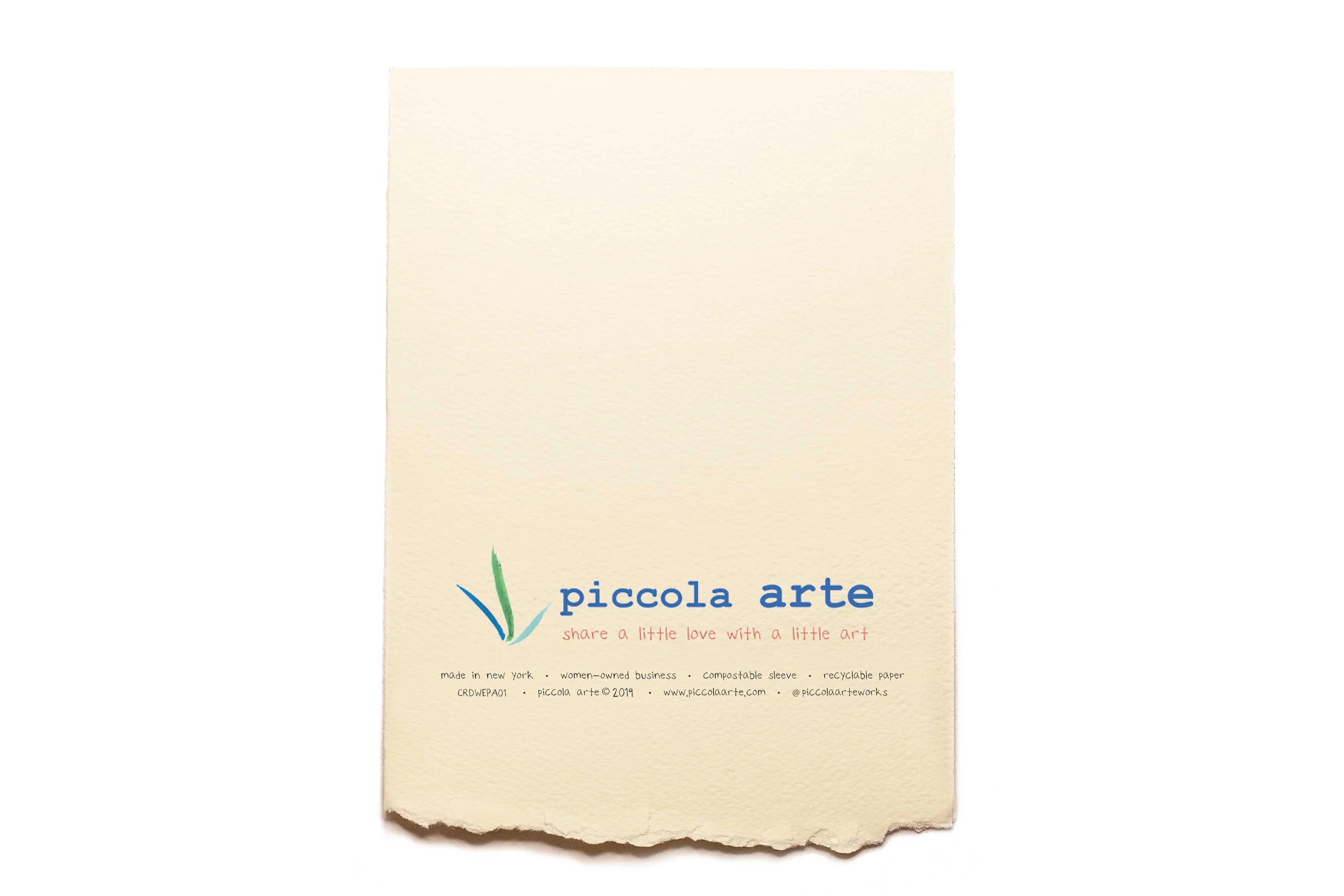 The back of a greeting card from piccola's arte.