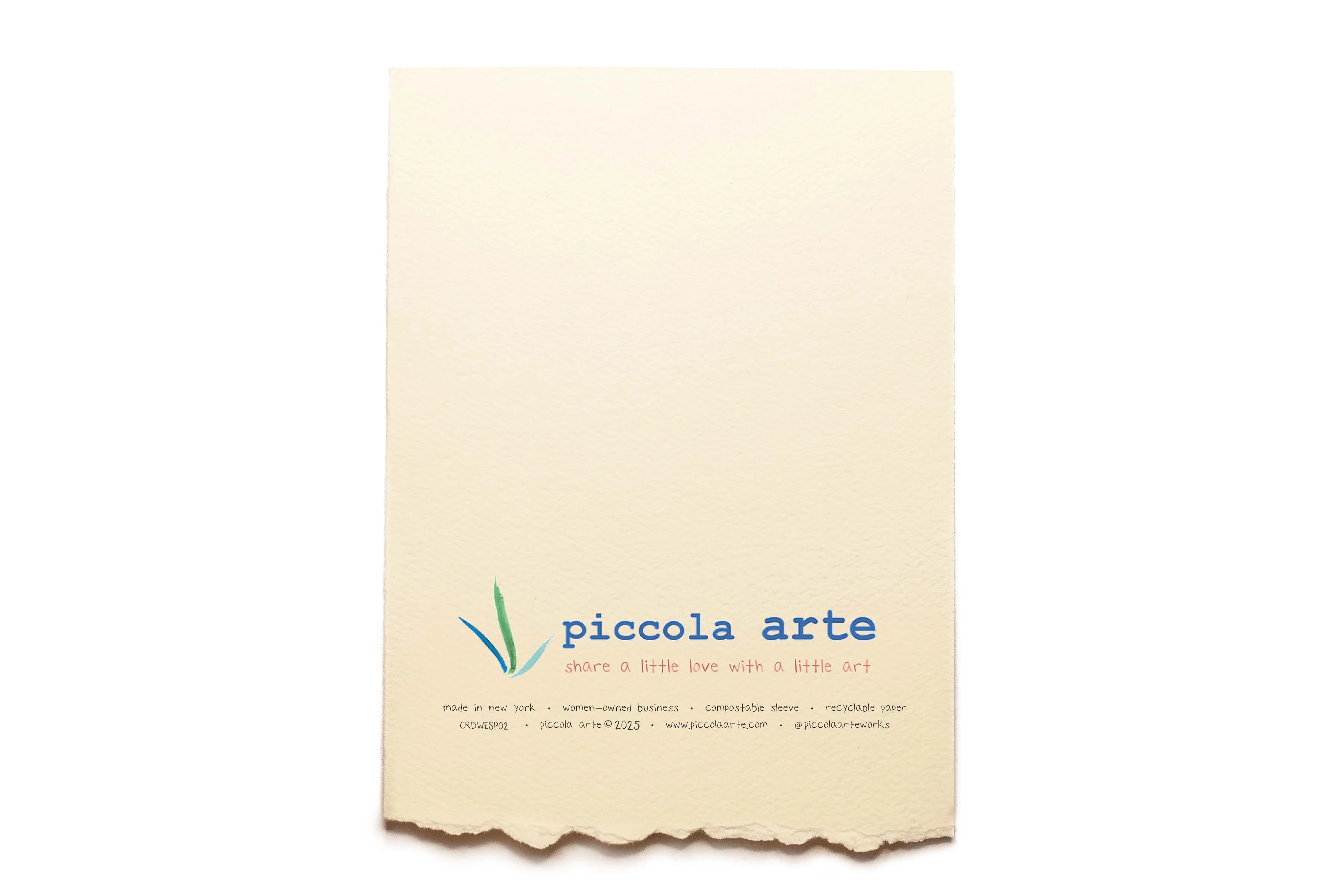 The back of a greeting card from piccola's arte.