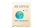 Card with Earth illustration and anniversary message on a beige background