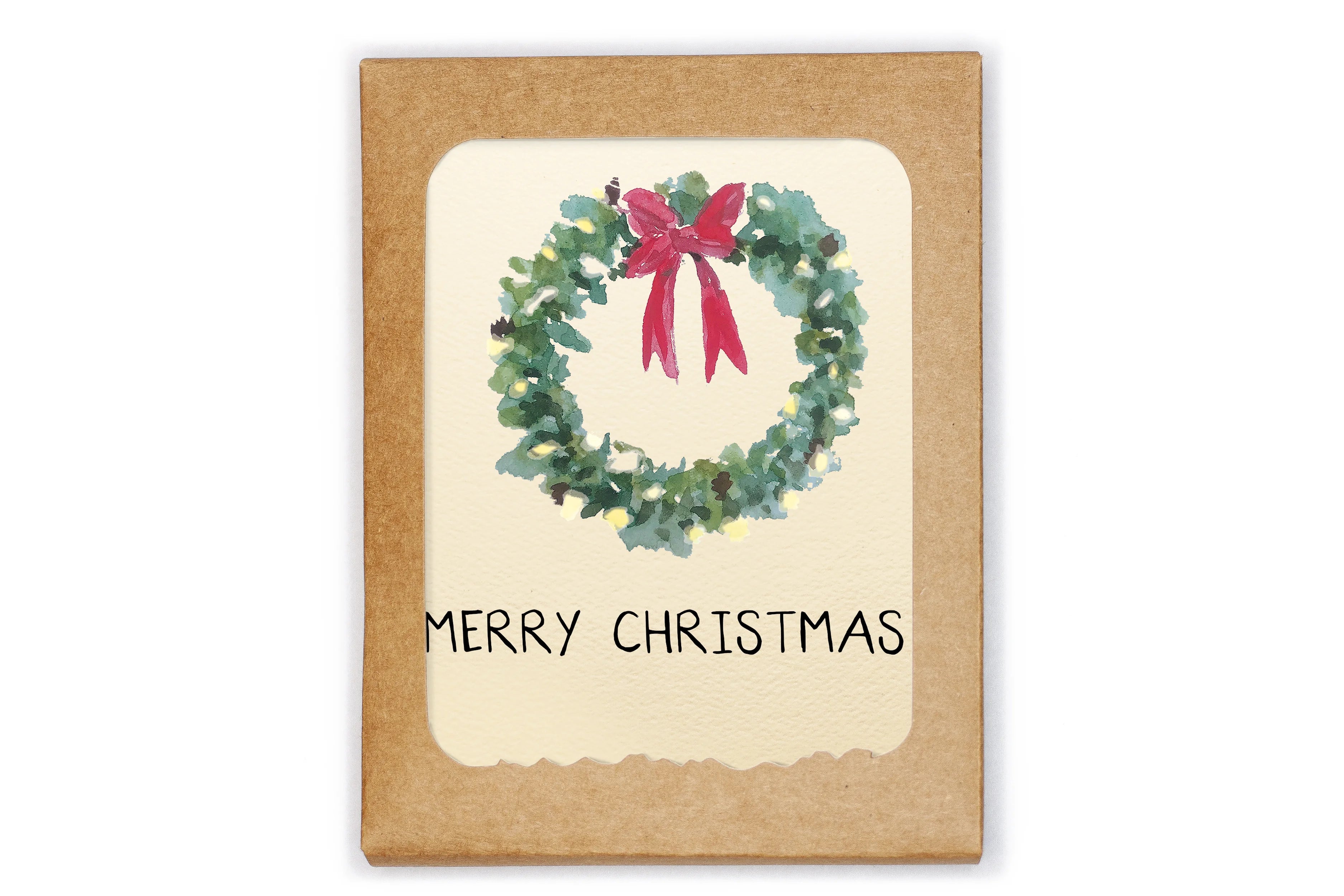 Christmas card with wreath and bow design on a beige background